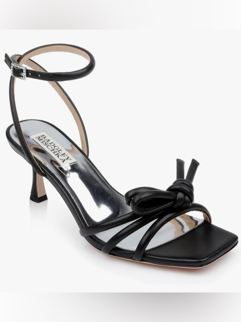 NIB Badgley Mischka Loyalty Black Leather Strappy Knot Kitten Heel Sandals 8
